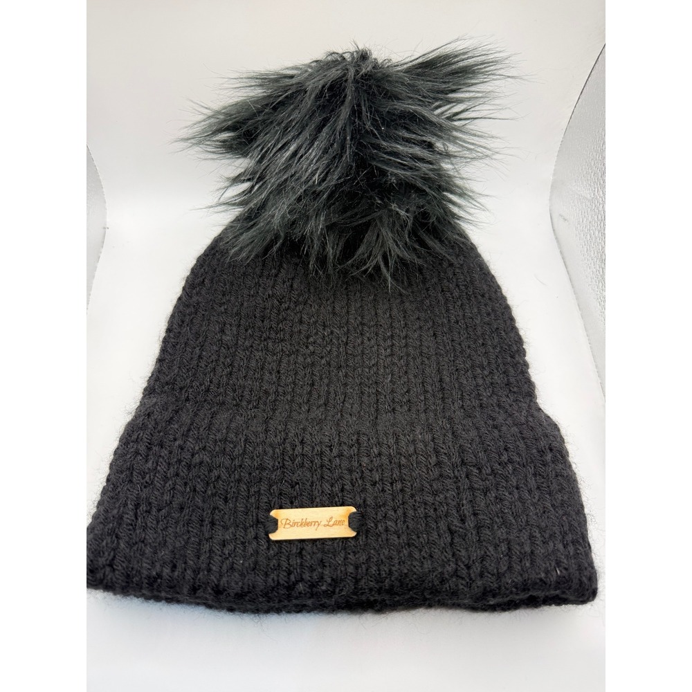 Birchberry Lane Black Knit Beanie Faux Fur Pom Pom Winter Hat Women
